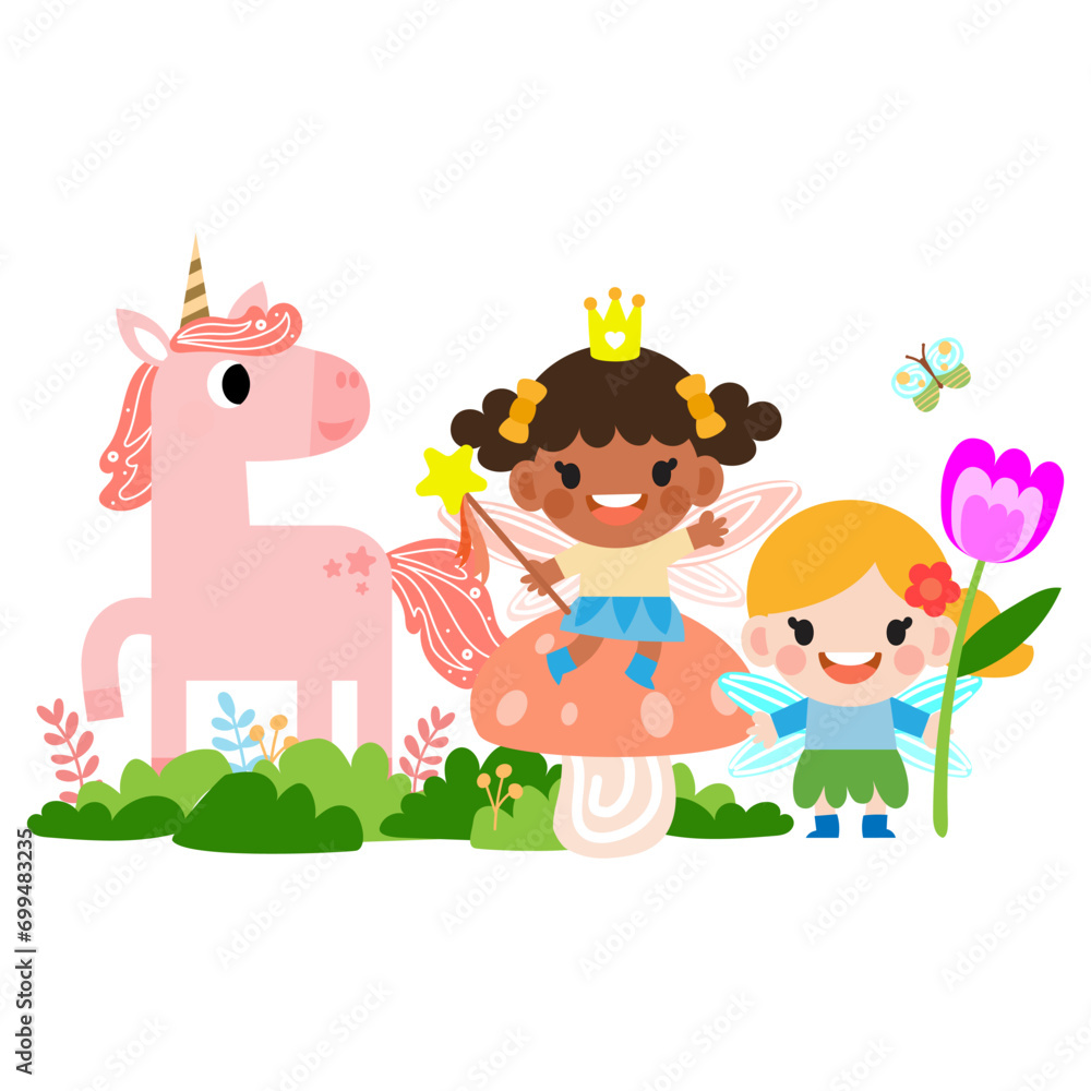 Fairy and Unicorn illustration with rainbow, stars, hearts, clouds, in cartoon style clipart Fairy and Unicorn illustration with rainbow, stars, hearts, clouds, in cartoon style clipart