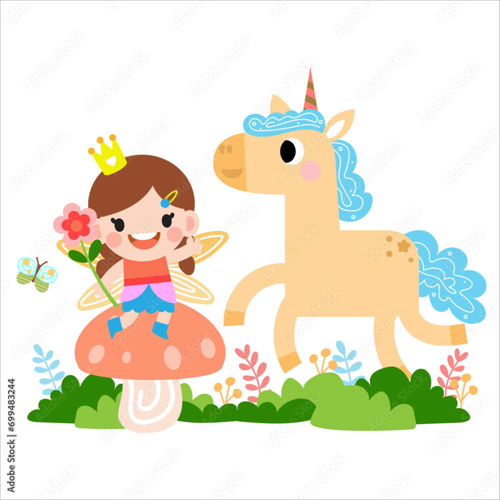Fairy and Unicorn illustration with rainbow, stars, hearts, clouds, in cartoon style clipart Fairy and Unicorn illustration with rainbow, stars, hearts, clouds, in cartoon style clipart