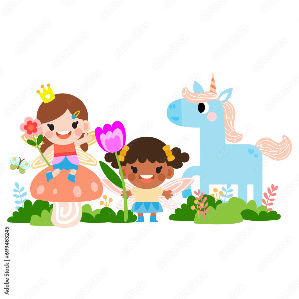 Fairy and Unicorn illustration with rainbow, stars, hearts, clouds, in cartoon style clipart Fairy and Unicorn illustration with rainbow, stars, hearts, clouds, in cartoon style clipart