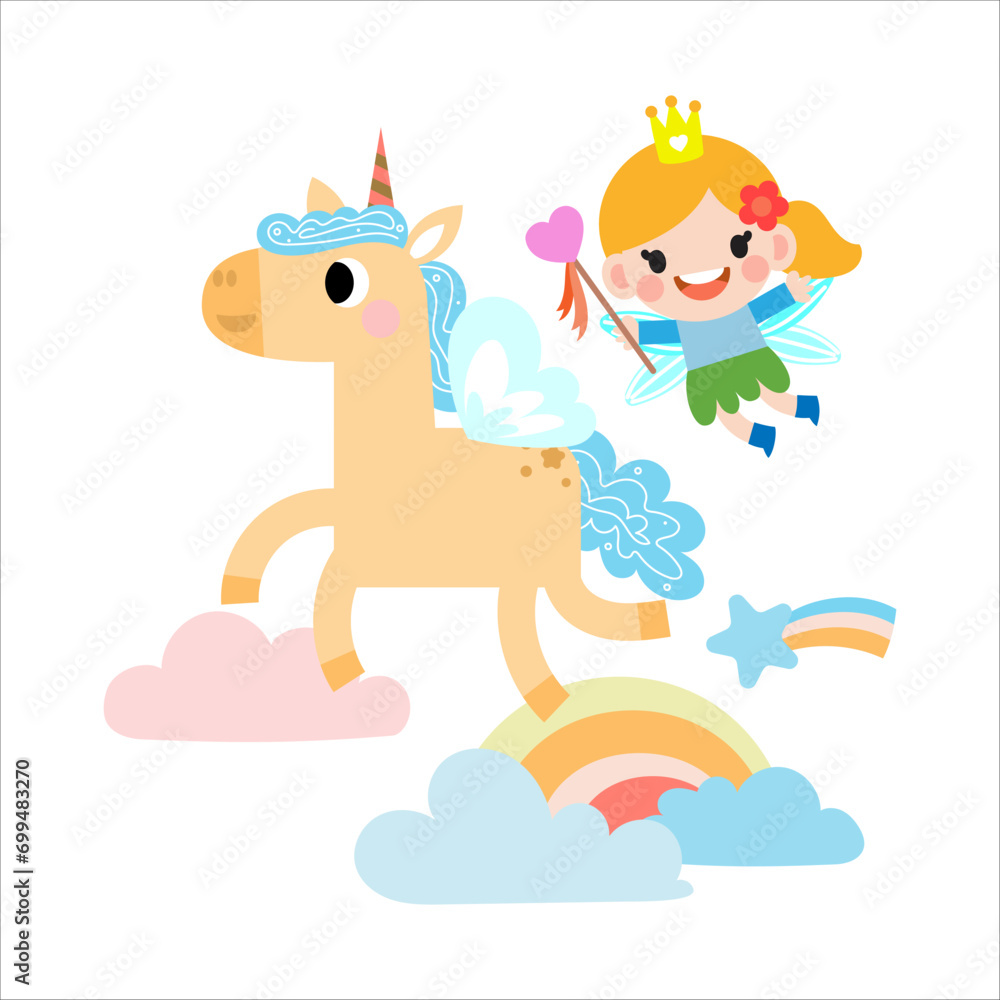Fairy and Unicorn illustration with rainbow, stars, hearts, clouds, in cartoon style clipart Fairy and Unicorn illustration with rainbow, stars, hearts, clouds, in cartoon style clipart