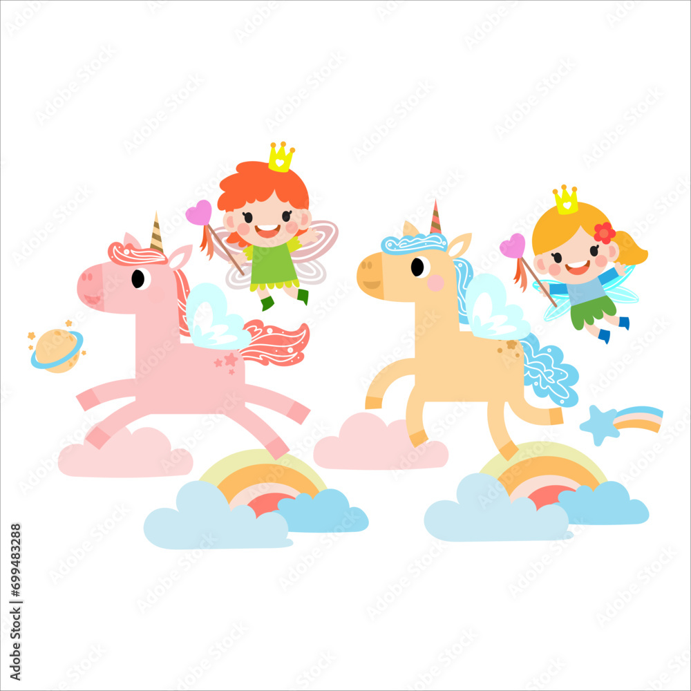 Fairy and Unicorn illustration with rainbow, stars, hearts, clouds, in cartoon style clipart Fairy and Unicorn illustration with rainbow, stars, hearts, clouds, in cartoon style clipart