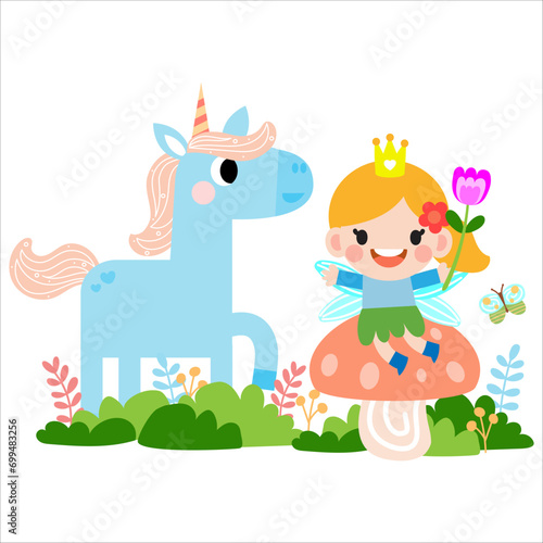 Fairy and Unicorn illustration with rainbow, stars, hearts, clouds, in cartoon style clipart