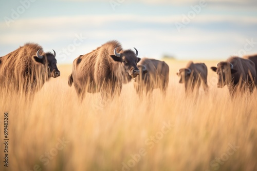 bison herd moving through tallgrass prairie photo