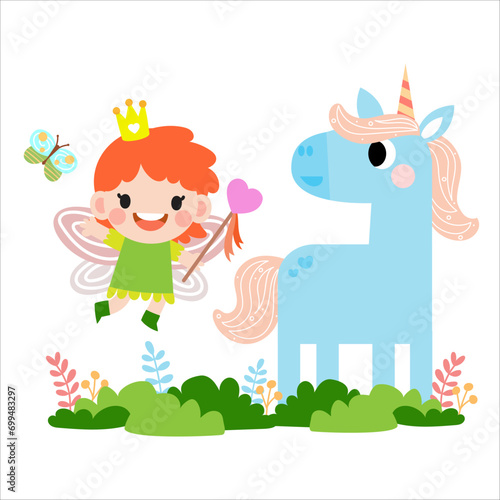 Fairy and Unicorn illustration with rainbow, stars, hearts, clouds, in cartoon style clipart