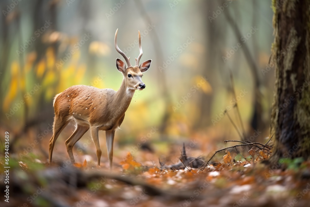 autumnal forest scenery with a bushbuck in the background autumnal forest scenery with a bushbuck in the background