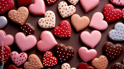 Top angle view of pink, red and chocolate cookies with heart shape pattern. Group of heart shape cookies. For greeting, romantic wallpaper concept. Generative AI photo