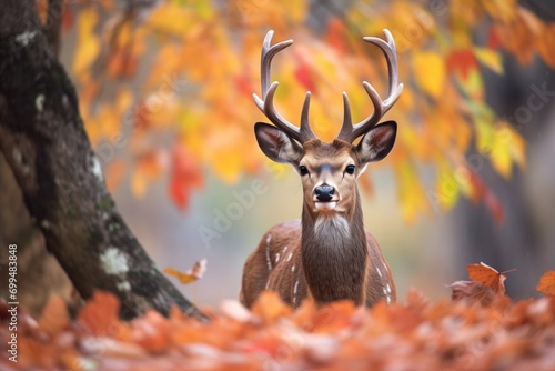 bushbuck with bright autumn leaves backdrop