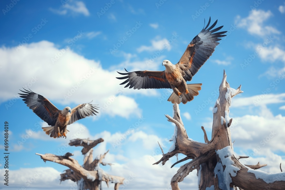 Obraz premium buzzards and a solitary eagle sharing sky