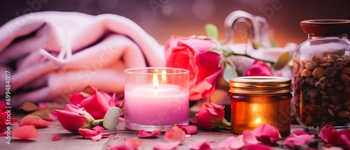 Relaxing and detoxifying spa concept with natural flower, herbal tea, rose petals, towel, and candles on wooden table. Banner for wellness, beauty, and meditation. photo