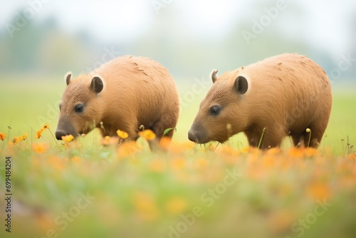 capybaras foraging in a meadow photo