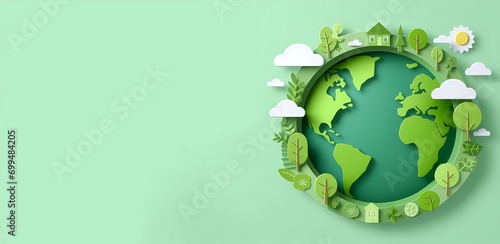 Paper cut world environment and earth day concept save energy creative idea on green background ai generative