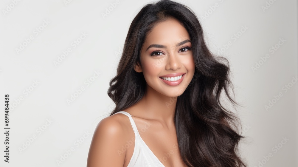 A closeup photo portrait of a beautiful young asian indian model woman smiling with clean teeth. used for a dental ad. isolated on white background A closeup photo portrait of a beautiful young asian indian model woman smiling with clean teeth. used for a dental ad. isolated on white background