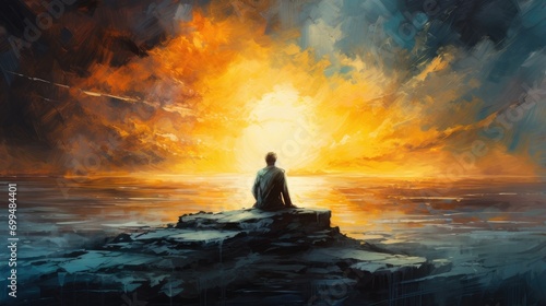 person seated at water’s edge with vast, glowing sky. ideal for peaceful meditation and inspirational thought concept