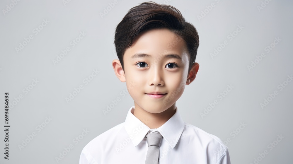 A closeup photo portrait of a handsome young asian school boy student smiling and looking straight. used for a ad. isolated on white background A closeup photo portrait of a handsome young asian school boy student smiling and looking straight. used for a ad. isolated on white background