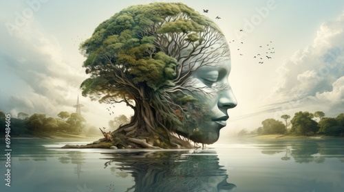 fantasy landscape of tranquil beauty. woman's face with trees for hair, capturing the serenity and balance of natural world in human form © StraSyP