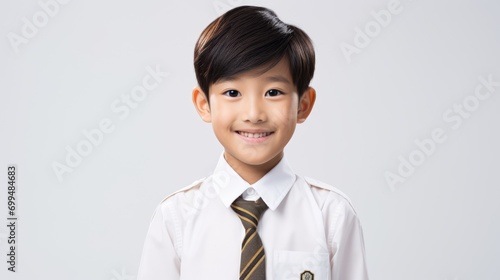A closeup photo portrait of a handsome young asian school boy student smiling and looking straight. used for a ad. isolated on white background