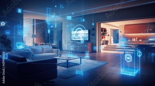 A concept art of a digital holographic artificial intelligence smart technology in a house and a flat. modern living room with blue and white virtual reality interface and icons