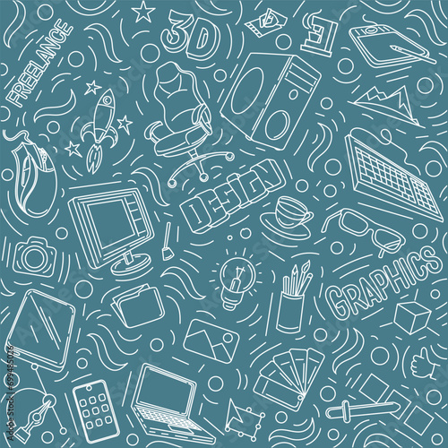 Doodle set of one color elements on the theme of Graphic Designer Freelancer. 
