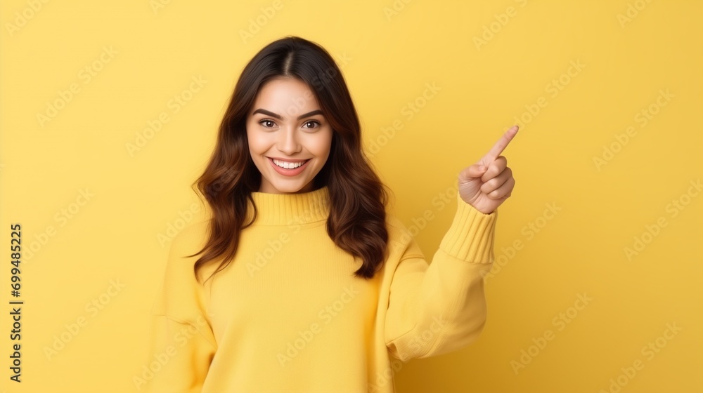 Cheerful Young Woman in Yellow Sweater Pointing Upwards on Yellow Background. Cheerful Young Woman in Yellow Sweater Pointing Upwards on Yellow Background.