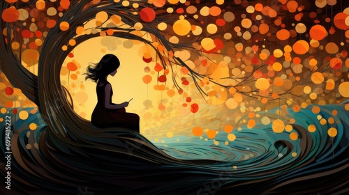 zen moments in autumn twilight a lone woman embracing stillness surrounded by vibrant seasonal beauty