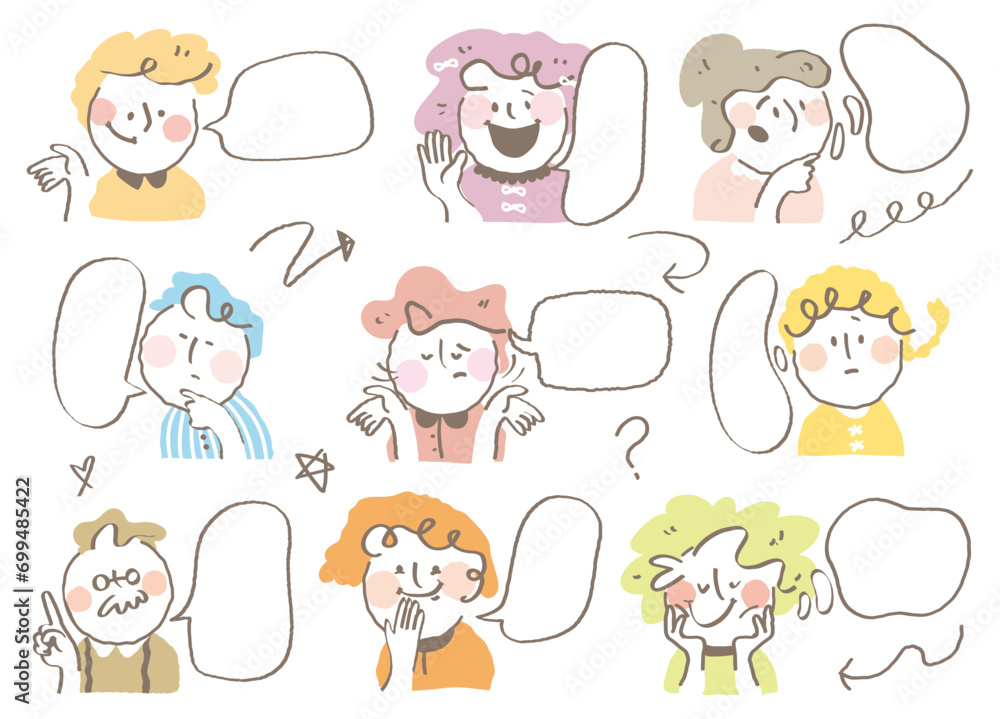 Colorful line style of person icon with dialog box.Cute comic of avatars talk bubbles.Stylish fashion young people conversation with variety expression.Hand drawn Curly hair people chat blank.message Colorful line style of person icon with dialog box.Cute comic of avatars talk bubbles.Stylish fashion young people conversation with variety expression.Hand drawn Curly hair people chat blank.message