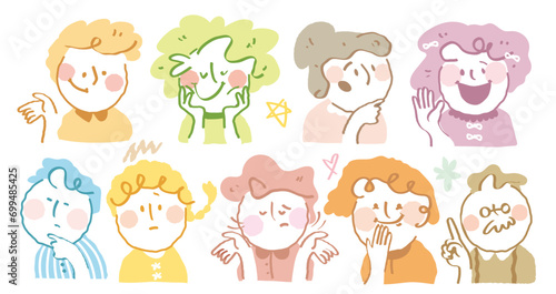 Comical handwritten person chat. Colorful line drawing of child talk.Set of line design style illustration with variety emoticon curly hair people.