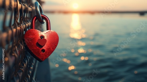Romantic love lock by the sea: red heart key lock symbolizing valentine's day loyalty and love