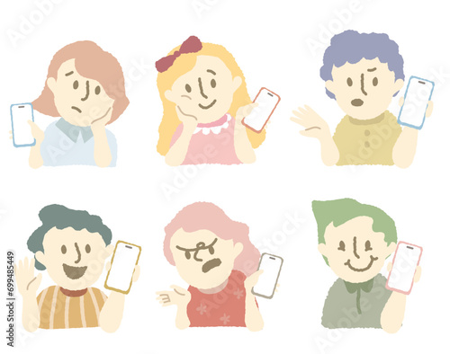 Set of the customer avatar vector with hand hold phone.Collection of the young people share their review of the  telecommunication service.Angry client hold the phone and complaint.Smartphone internet
