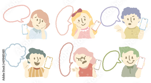 Set of the customer avatar vector with hand hold phone chat box.Collection of the young people share their review of the  telecommunication service.Angry client hold the phone and complaint.message