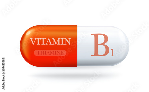 Vitamin B1 icon. Thiamine B pill capsule. Vector 3d illustration