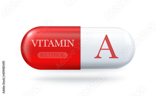 Vitamin A icon. Retinol pill capsule. Vector 3d illustration