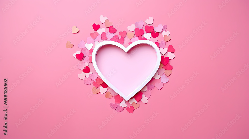 hearts shaped frame with pink hearts confetti on a pink background, copy space 