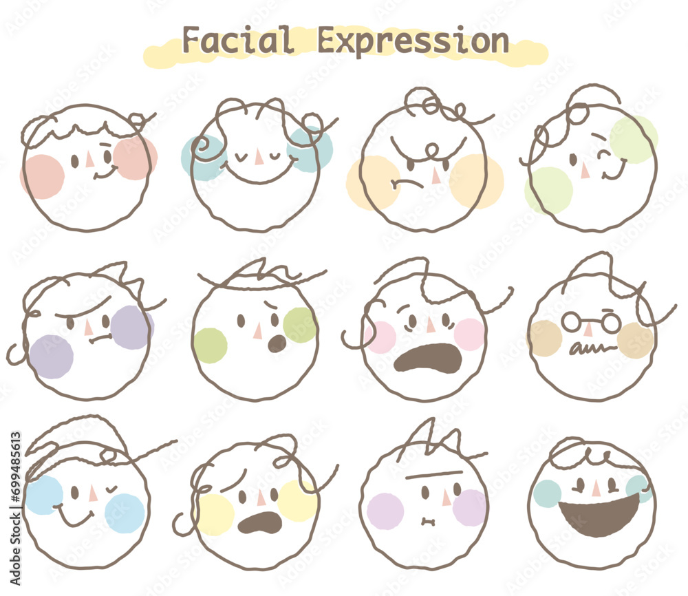 Abstract round face with variety of expression.Collection of facial emoticon with hand drawn style.Modern face emoji.Colorful circle people face.Happy,sad,angry,smile,shock.Line stylish.Cartoon,doodle Abstract round face with variety of expression.Collection of facial emoticon with hand drawn style.Modern face emoji.Colorful circle people face.Happy,sad,angry,smile,shock.Line stylish.Cartoon,doodle