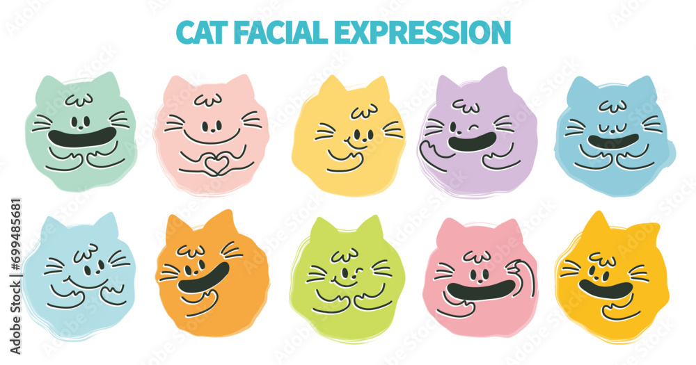 Abstract round cat face with variety of expression.Collection of kitten facial emoticon with hand drawn style.Modern animal emoji.Colorful circle cat face.Colorful kitten face.Cute cat face emoji - obrazy, fototapety, plakaty 