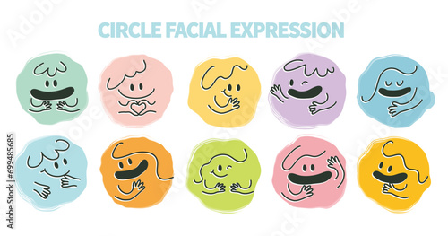 Abstract round face with variety of expression.Collection of facial emoticon with hand drawn style.Modern face emoji.Colorful circle people face.Happy,sad,angry,smile,shock.Line stylish.Cartoon,doodle