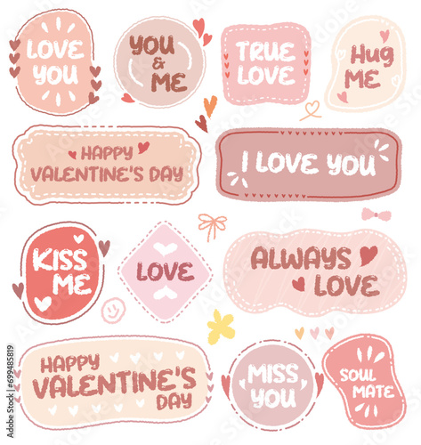 Set of Valentines day love quotes  graphic and vector clipart set cute frame.Collection of hand drawn quote dashed romantic box.Love concept sticker with love words.Retro heart bubble sweet wish.Kiss