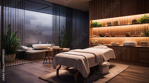 Relaxing and cozy massage room with wooden furniture, candles, and plants