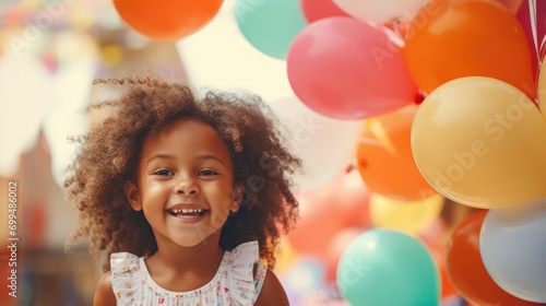 A cute little afro american kid girl celebrating birthday at a birthday party with colorful balloons outside photo