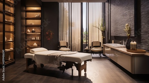 Relaxing and cozy massage room with wooden furniture, candles, and plants photo