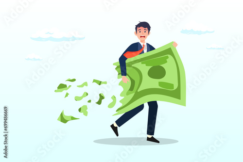 Businessman holding big dollar banknote money while loss, crumble and reduce in value, lose money investment in financial crisis, profit and loss in business or deflation and inflation (Vector)