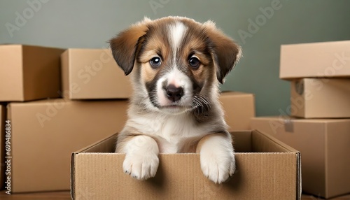 Puppy looking out of the cardboard box with another cardboard boxes on background, moving concept © Marko