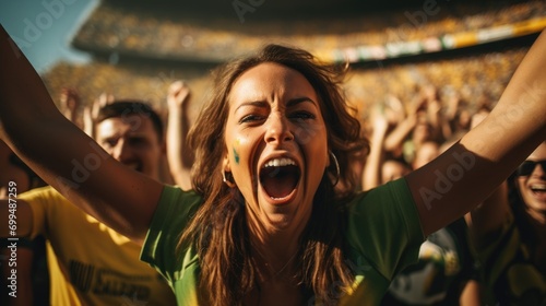 A football fan crowd cheering and supporting their favourite soccer team on the stadium photo