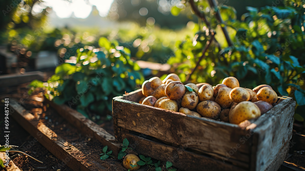 Wooden box full of potatoes on table with green field Wooden box full of potatoes on table with green field