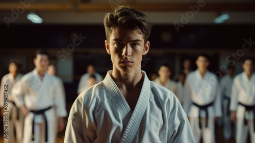 A karate asian martial art training in a dojo hall. young man wearing white kimono and black belt fighting learning, exercising and teaching. students watching in the background