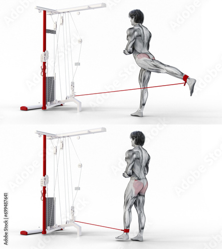 469 Glutes-Cable Glute Kickback. 3D Anatomy of fitness and bodybuilding. An outstanding display of male muscles. Targeted muscles are red. No background. Png.
 photo