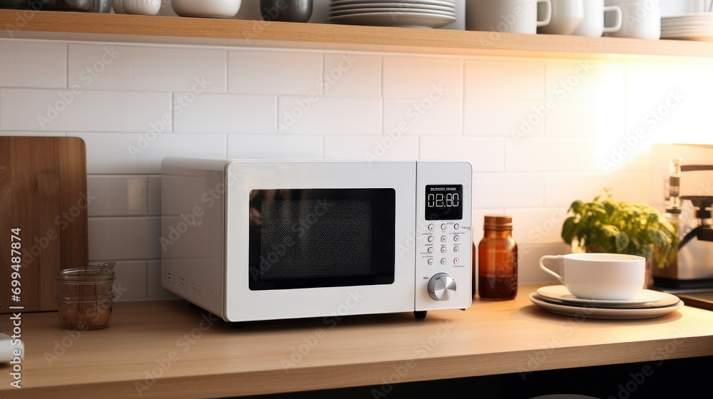 A modern white and black microwave in a house kitchen on the kitchen table A modern white and black microwave in a house kitchen on the kitchen table