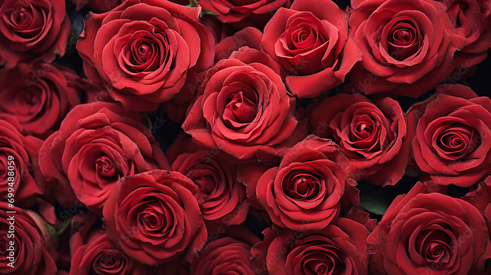 Top angle view of red roses flowers pattern. Group of natural red roses background. For greeting, romantic wallpaper concept. Generative AI Top angle view of red roses flowers pattern. Group of natural red roses background. For greeting, romantic wallpaper concept. Generative AI