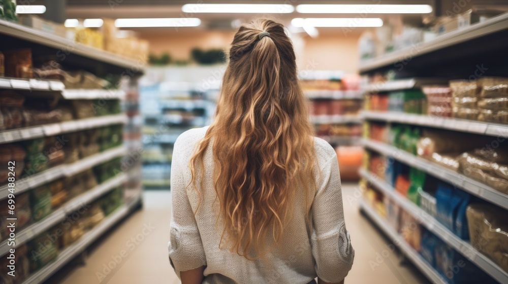 A photo of a beautiful young american woman shopping in supermarket and buying groceries and food products in the store. photo taken from behind her back