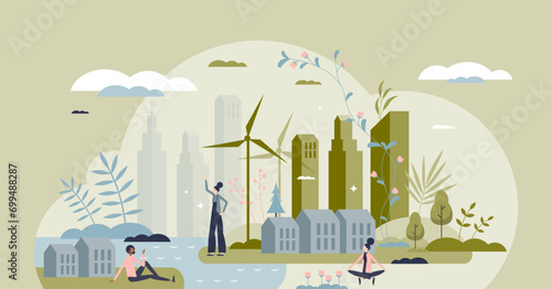 Urban green spaces for relaxation in city environment tiny person concept. Public park with lawn and flowers as outdoor space for society and community vector illustration. Sustainable downtown.
