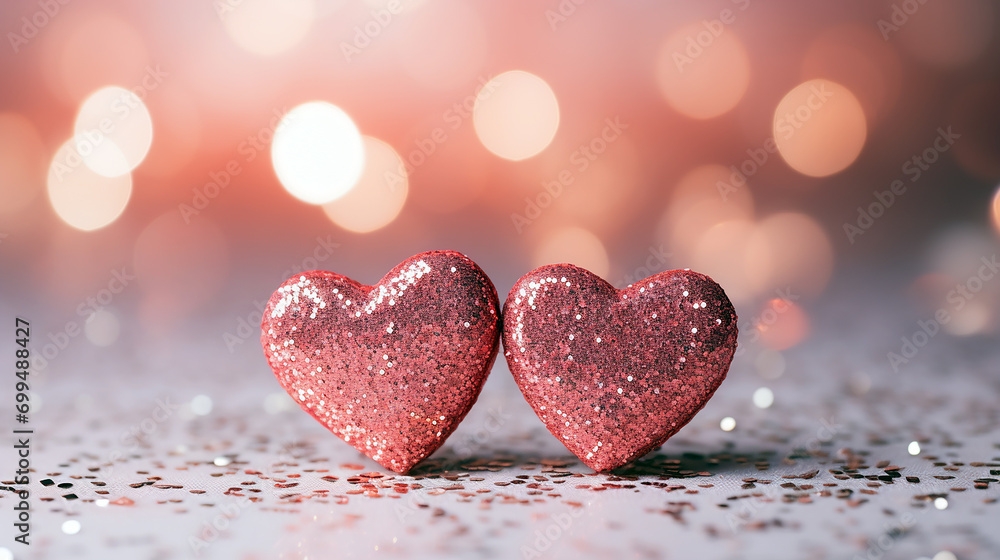 Fototapeta premium Sparkling hearts shape on the pink glitter with bokeh light background. for valentine celebrating concept. Generative AI
